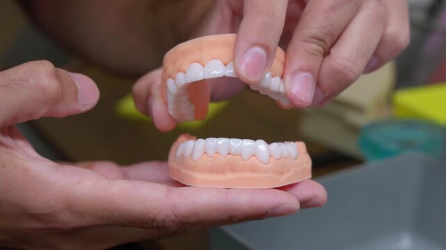 Close-up of a dentist's hands fitting an anatomical jaw model together, showing upper and lower denture teeth for dental care, prosthetics, and oral health education