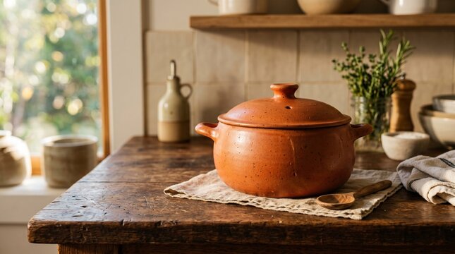 Rustic terracotta pot with lid and spoon on wooden table