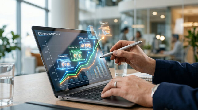 Business growth graph on laptop screen, analyzing sales data with stylus and charts.