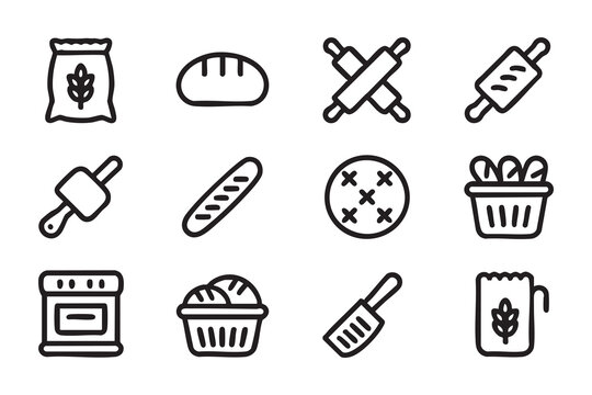 Bakery Equipment Line Icon Collection Featuring Bread, Flour, Oven, Knife and Measuring Cup