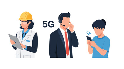 Fototapeta premium Three people representing different aspects of 5G technology: a scientist, a customer service representative, and a user with a smartphone.