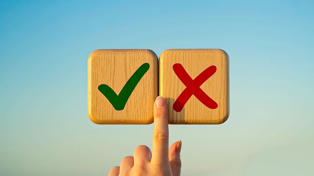 Finger selecting correct option with checkmark and cross symbol for decision making concept