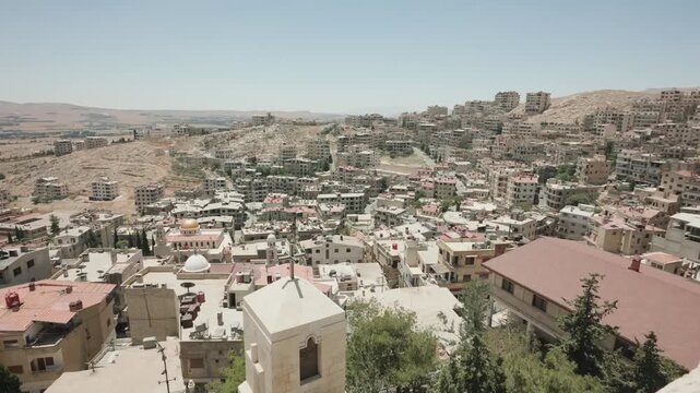 High Angle View of Historic Maaloula Village with Church Cross in Syria