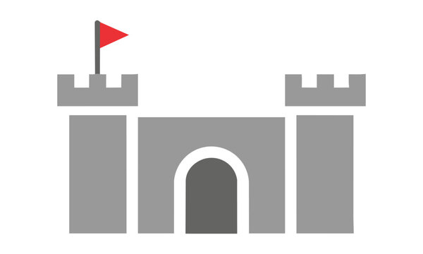 Minimalist icon of a castle facade with two towers and an arched entrance isolated on a white background, architectural landmark concept