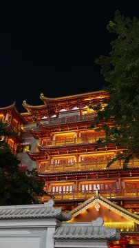Guangzhou Dafo Temple Illuminated at Night Handheld Slow Pan