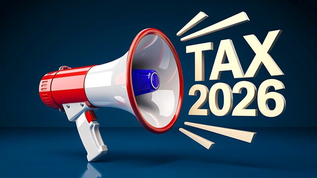 Megaphone with tax 2026 text representing tax announcement financial policy and regulation