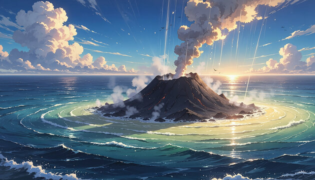 Erupting Volcanic Island in the Middle of the Ocean Generative AI