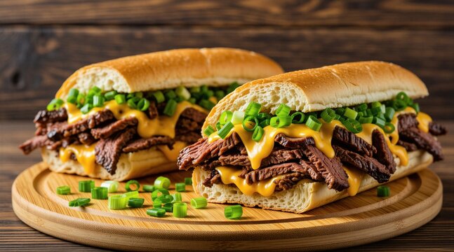 Two fresh Philly cheesesteak sandwiches sit on wooden board. Delicious subs feature grilled beef slices topped with melted cheddar cheese, chopped green onions. Tasty lunch meal served on rustic