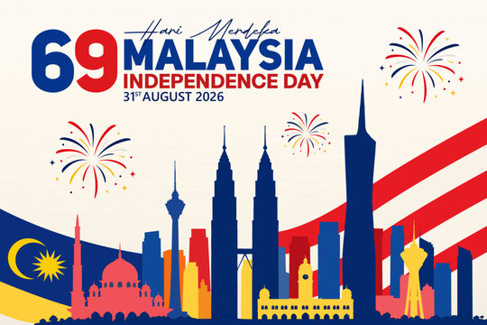 Independence Day Malaysia background featuring the iconic Kuala Lumpur skyline, and colorful fireworks. Celebrating the 69th Hari Merdeka on 31 August 2026. Vector Illustration.