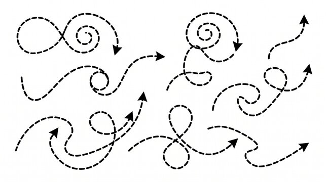Six black dashed arrows with curved and looping paths, symbolizing motion, direction, and flow in modern minimalist graphic design.