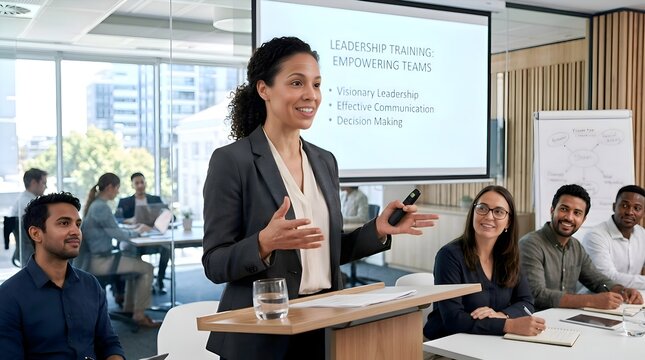 Diverse Business Team Attends Leadership Training Presentation