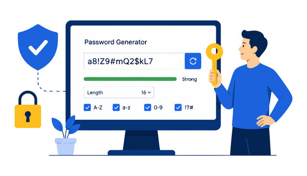 Password Generator Illustration With Secure Credential Creation Strong Password Protection Cybersecurity Authentication Digital Identity Security And Online Account Management Concept
