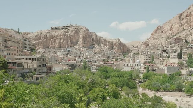 Panoramic View of Maaloula Mountain Village Nestled in Rocky Cliffs