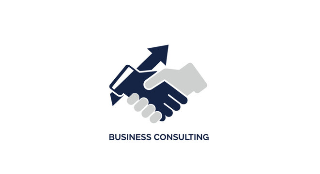 Business consulting logo featuring handshake and upward arrow, symbolic of growth and agreement