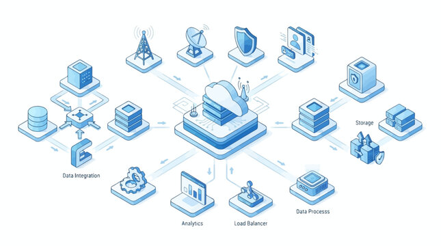 An abstract representation of a cloud computing network, showcasing data integration, analytics, load balancing, and data processing through interconnected isometric icons
