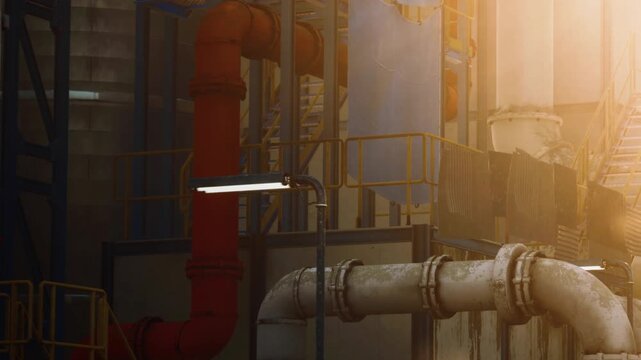 A view of an industrial area showing pipes and structures. The scene has a warm light with steps leading up to a platform. The area is busy with metal elements and textures.