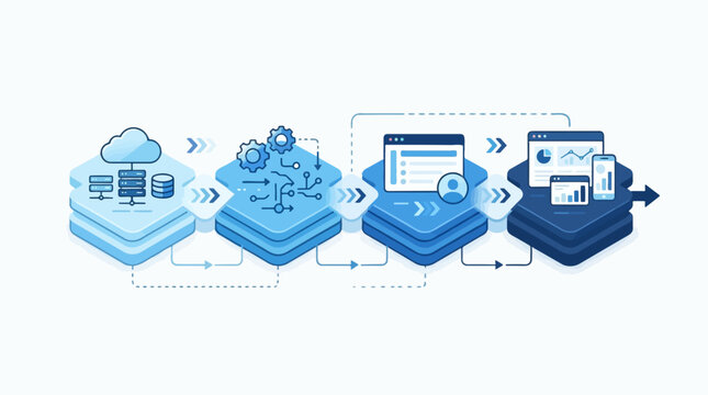 A conceptual illustration depicting the flow of data and processes in a modern digital system, showing cloud storage, data processing, user interface, and analytics platforms.