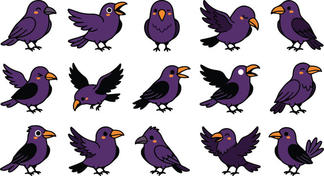 Collection Of Purple Raven Illustrations In Various Poses Against A White Background crows corvids