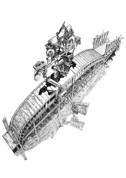 hand drawn illustration of a bridge on which a warrior uses an mechanical oar for directions on a fantasy river of milky way, pisces is implied by its shape.