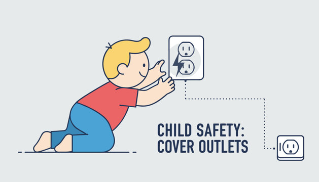 Toddler crawling and reaching for an open electrical outlet beside child safety cover outlets instructional text.