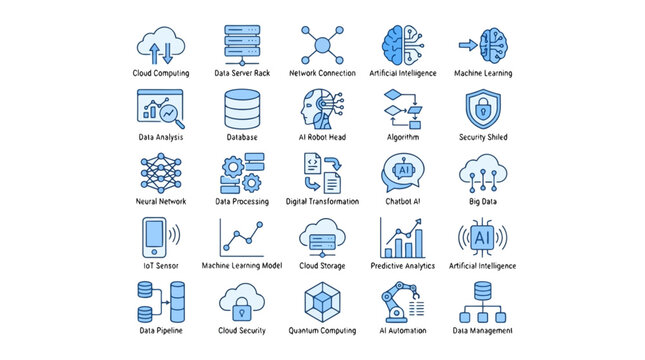 A collection of technology icons representing various concepts such as cloud computing, data analysis, artificial intelligence, and machine learning