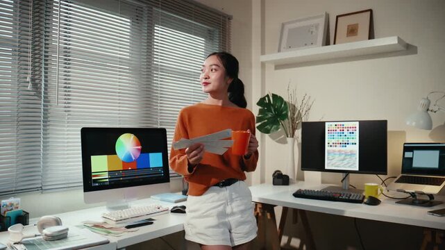 Young Asian woman, a graphic designer, holding a coffee mug and a color palette while standing and looking out the window in her home office