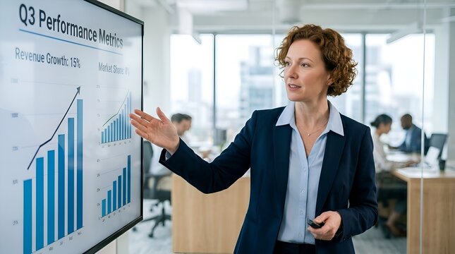 Businesswoman presenting Q3 performance metrics with growing revenue graph on screen