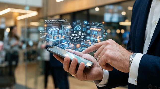 Business man using smartphone with holographic virtual retail marketplace technology