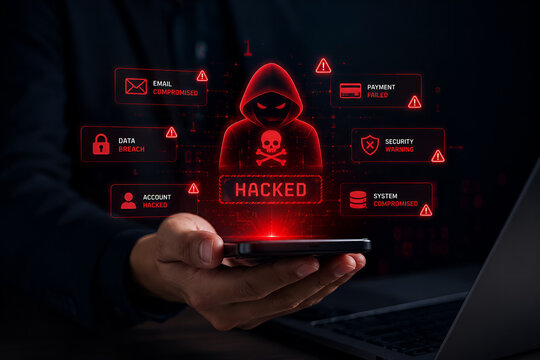 Business professional holding smartphone with digital cybersecurity threat and hacked system warning
