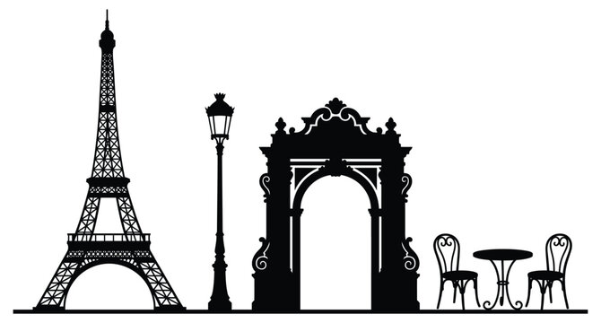 Parisian silhouettes including Eiffel Tower ornate gate lamppost and cafe seating against a white background