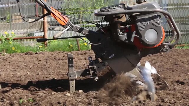 Gardener using motorized cultivator on the plantation. Plowing garden with a motor cultivator before planting potatoes and other crops