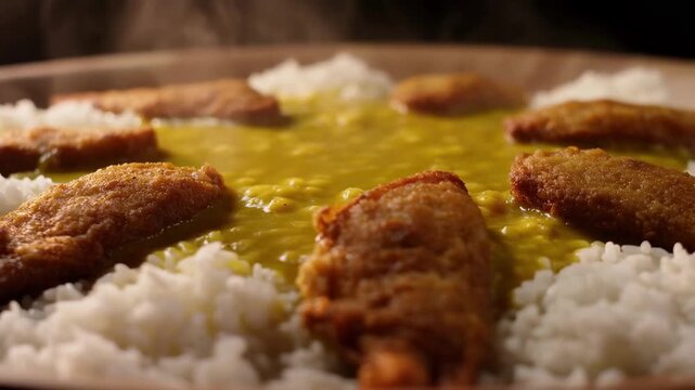 Steaming bowl of dal tadka with fried cutlets and white rice in a close up culinary shot