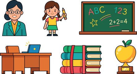 Cute female teacher and school girl character set with blackboard desk books and golden apple trophy icon © Honey Qween!