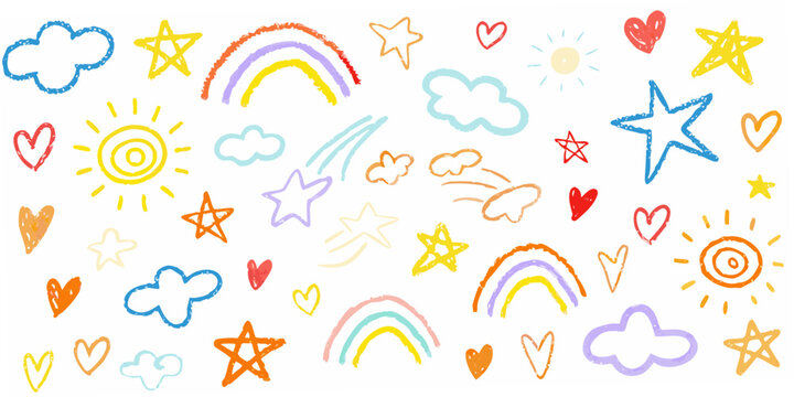 Crayon style pattern of stars hearts rainbows and clouds on white background