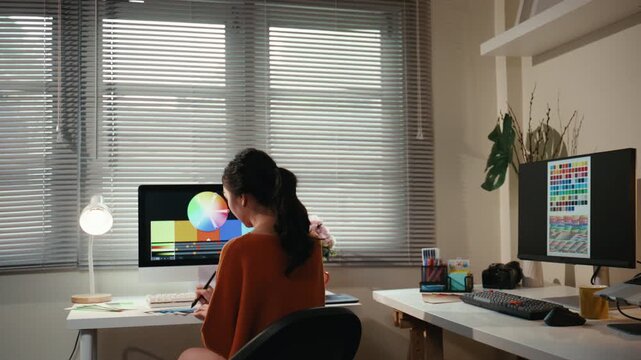 Young female digital artist working from her home office studio. Creative woman using a graphics tablet for color grading a project