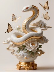 Fototapeta premium Luxury gold porcelain sculpture featuring an elegant snake winding through clouds and blooming peonies inside ornate vases with butterflies premium oriental art ivory backdrop