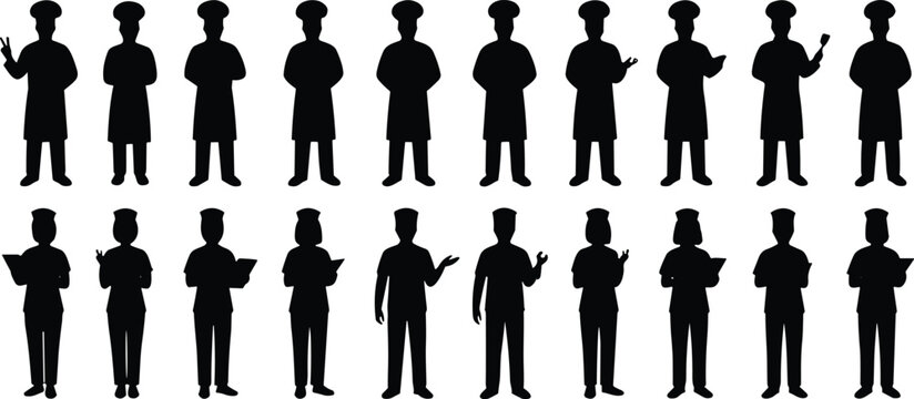 Professional kitchen staff and restaurant worker silhouettes collection including chefs, waiters, and culinary service team icons