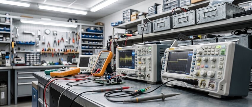 Professional electronics laboratory equipped with oscilloscopes and testing tools for engineering research and development