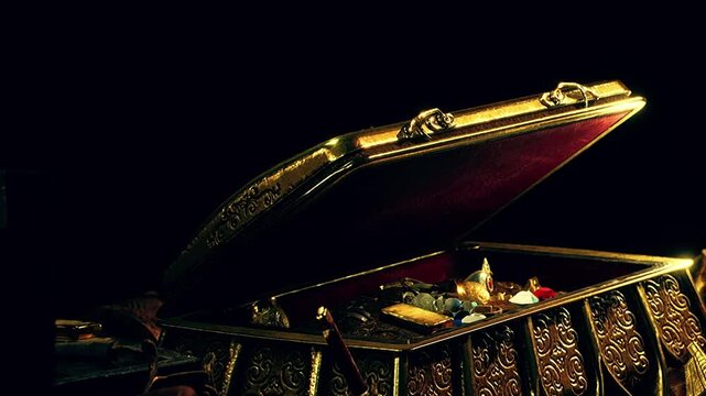 A treasure chest is open, revealing gold coins, jewels, and various trinkets inside. The light highlights these valuable items while the background is dark.