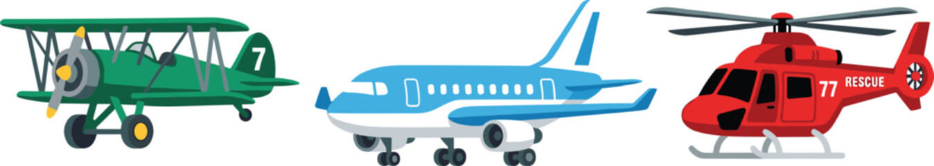 Set of aircraft illustrations featuring a vintage biplane commercial passenger jet and emergency rescue helicopter vector © Sree