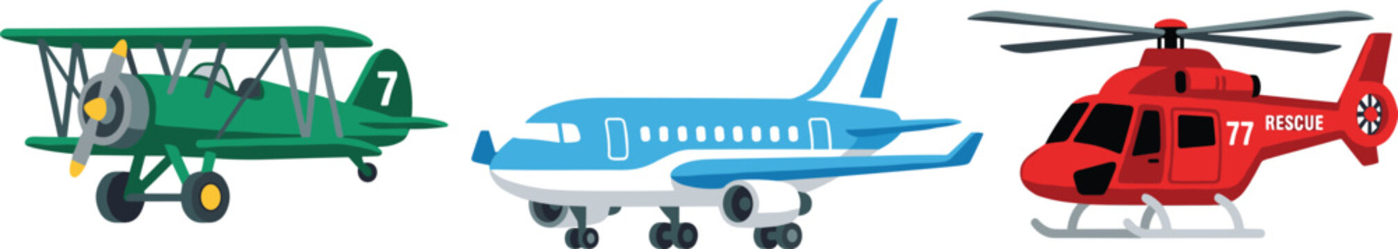 Set of aircraft illustrations featuring a vintage biplane commercial passenger jet and emergency rescue helicopter vector