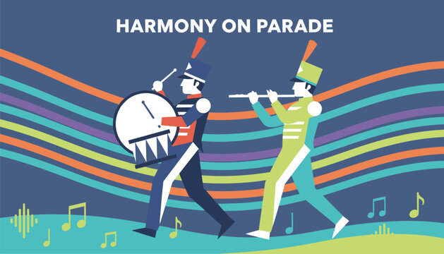 Two marching band musicians playing a drum and flute in front of colorful wavy lines on a dark blue background.