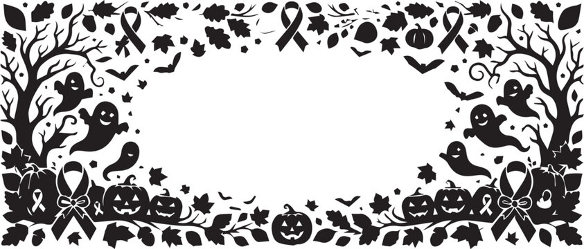 Halloween decorative banner template with spooky trees ghosts pumpkins bats and awareness ribbons for seasonal event design.