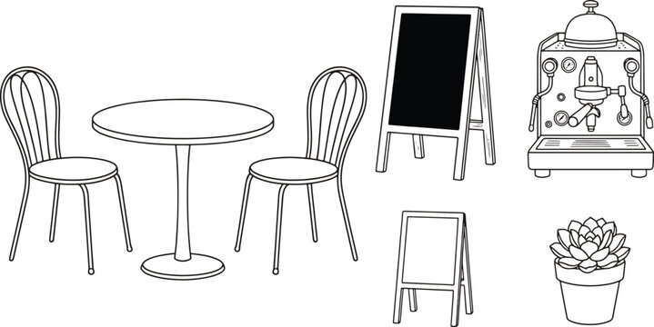 Cafe elements and coffee shop interior sketch set with espresso illustration furniture restaurant chalkboard collection equipment appliance interior lifestyle hospitality