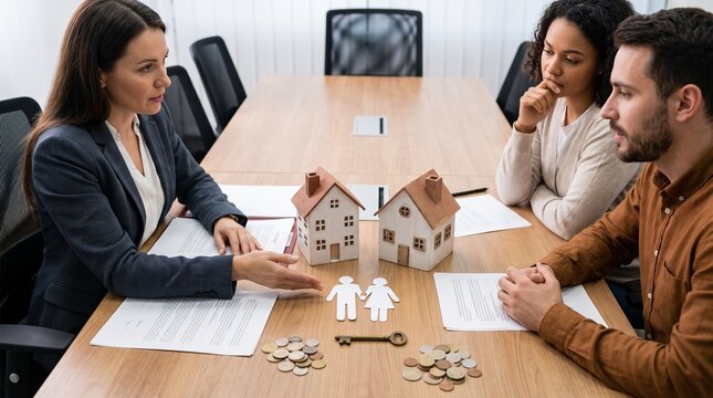 A legal professional meeting with a couple regarding a property division, illustrated with two small house models, a paper couple figure, a key, and coins on a wooden desk. 