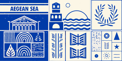 vintage block print style posters featuring greek cultural symbols aegean sea temple olive branch rainbow window sun star triangle circle © Apurba