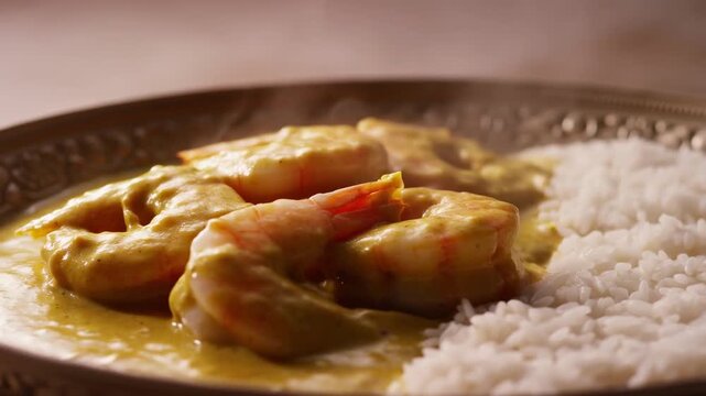 Steaming shrimp curry with white rice served on a decorative plate in soft warm lighting