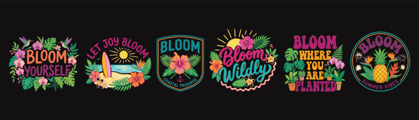 Retro tropical summer beach botanical bloom typography badge tshirt design vector set © soesanto