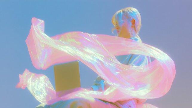 Young woman working on a laptop surrounded by glowing pink streamers and a soft blue mist for creative thinking and digital innovation concepts