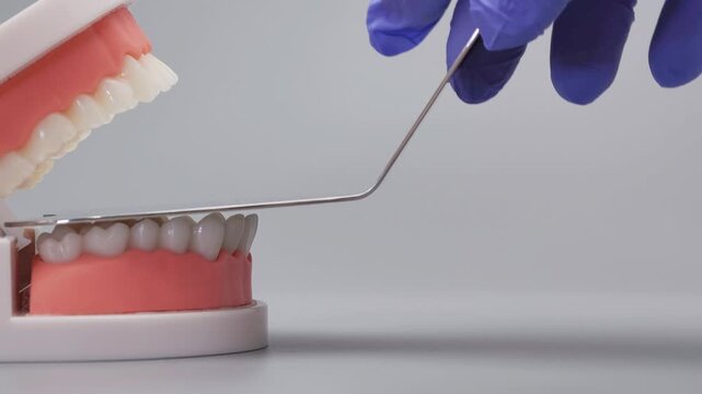 Dentist hand in blue glove examining dental jaw model with a mirror. Oral care concept with copy space